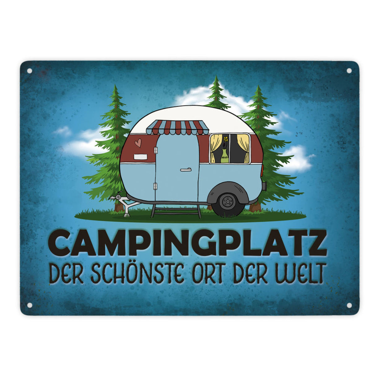 Campingplatz Metallschild mit Wohnwagen Motiv Wohnmobil Urlaub Hobby Natur Ort
