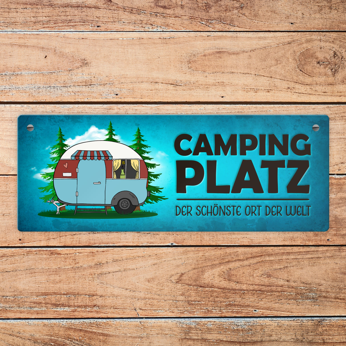 Campingplatz Metallschild schmal mit Wohnwagen Motiv Wohnmobil Urlaub Hobby Ort