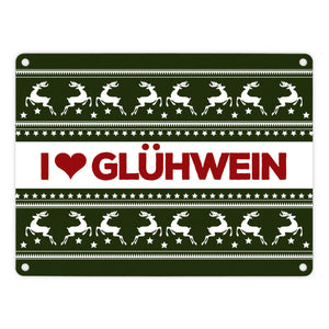 I love Glühwein Metallschild mit Weihnachtsmuster Motiv - Weihnachten Herz Advent Muster Rentier Stern Punkte