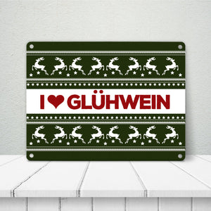 I love Glühwein Metallschild mit Weihnachtsmuster Motiv - Weihnachten Herz Advent Muster Rentier Stern Punkte