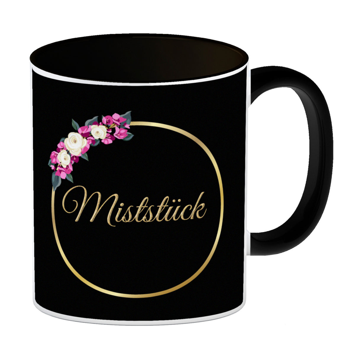 Kaffeebecher Miststück mit Goldrahmen und Blumen Schimpfwort-Tasse