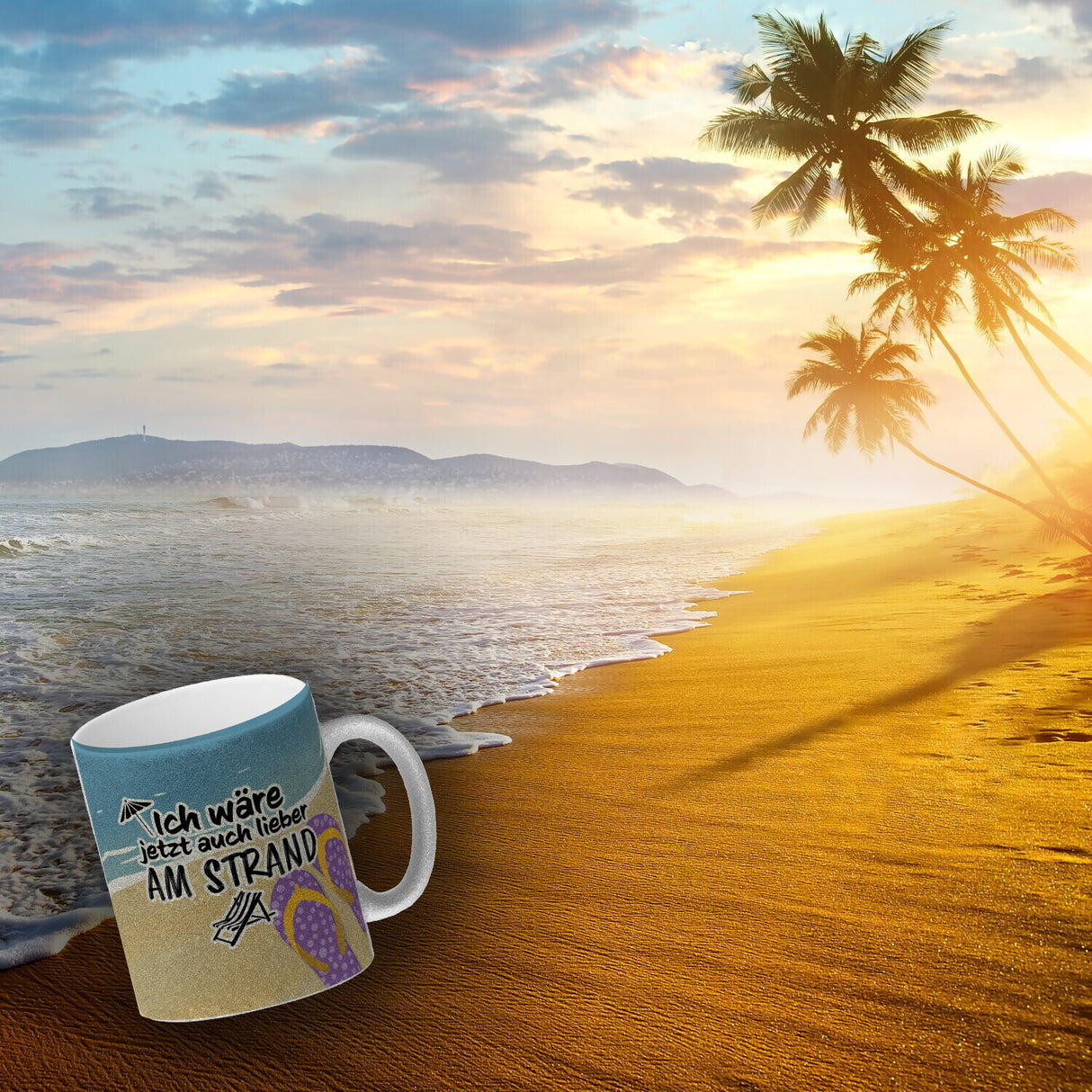 Ich wäre jetzt auch lieber am Strand - Kaffeebecher mit Strandmotiv