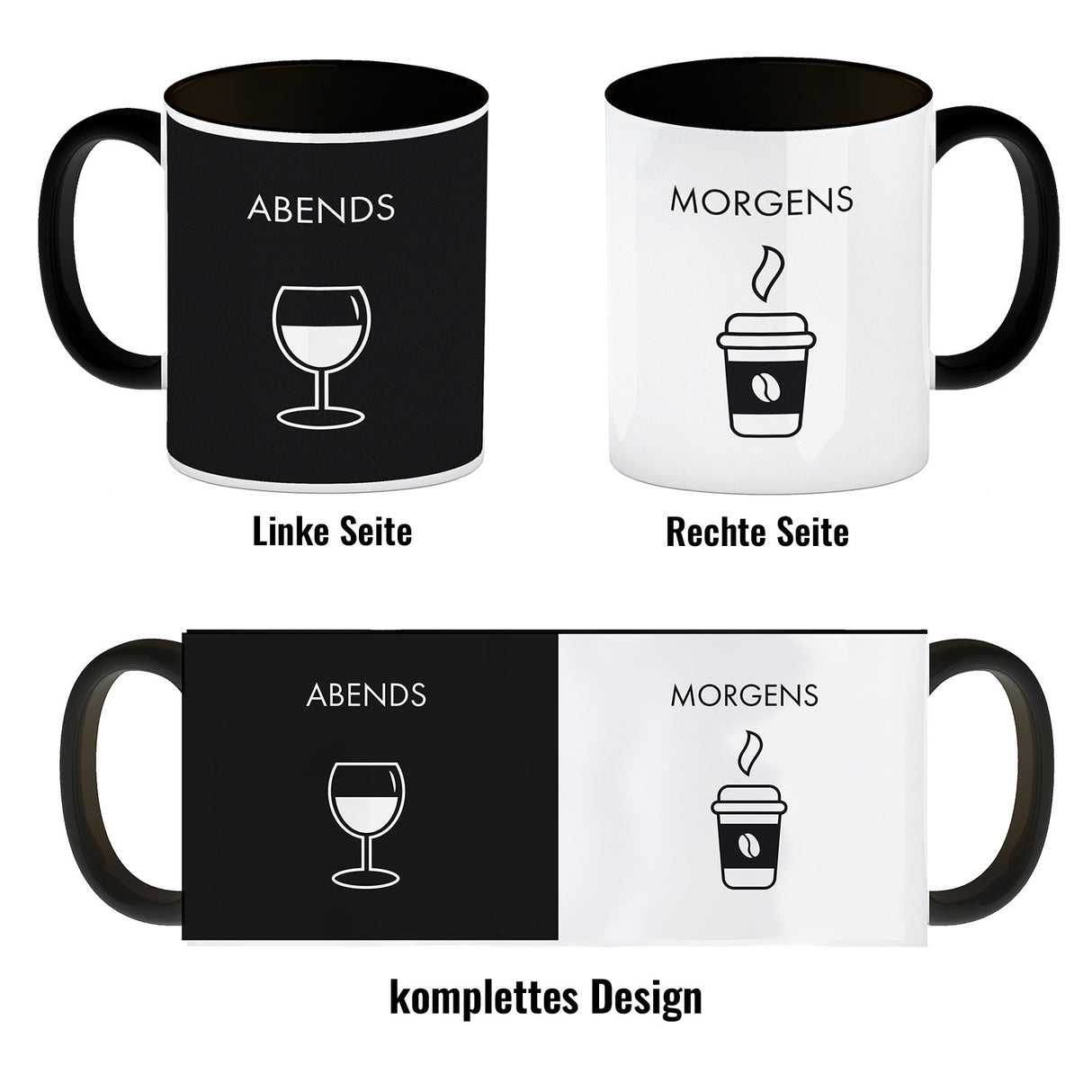 Morgens und Abends Kaffeebecher mit Kaffeebecher und Weinglas Wendemotiv