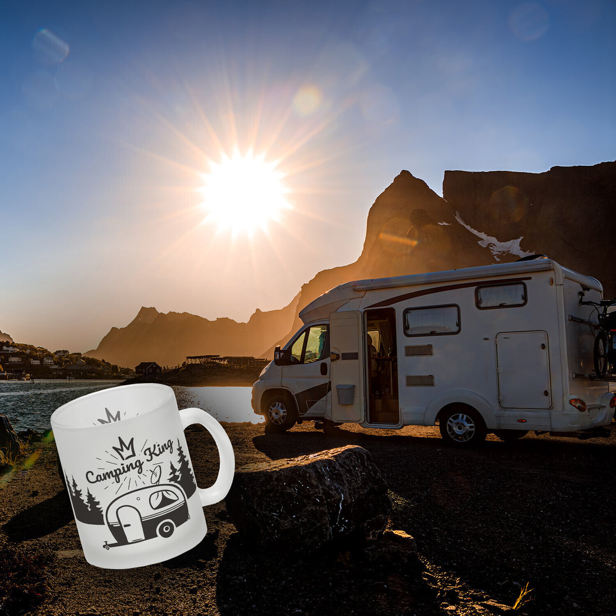 Camping King Kaffeebecher mit wunderschönen Reisemotiven