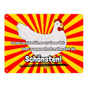 Metallschild in 15x20 cm Schönste Hühner der Welt mit Hintergrund in Vignettenoptik