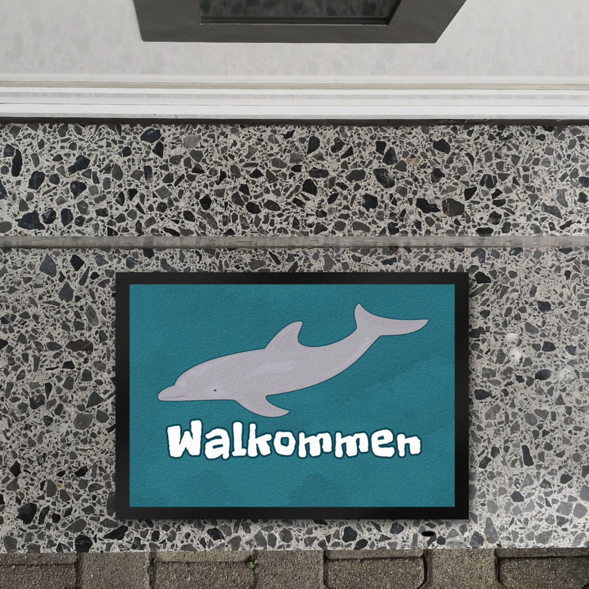 Blauwal Fußmatte in 35x50 cm mit Ozeanmotiv und Spruch Walkommen