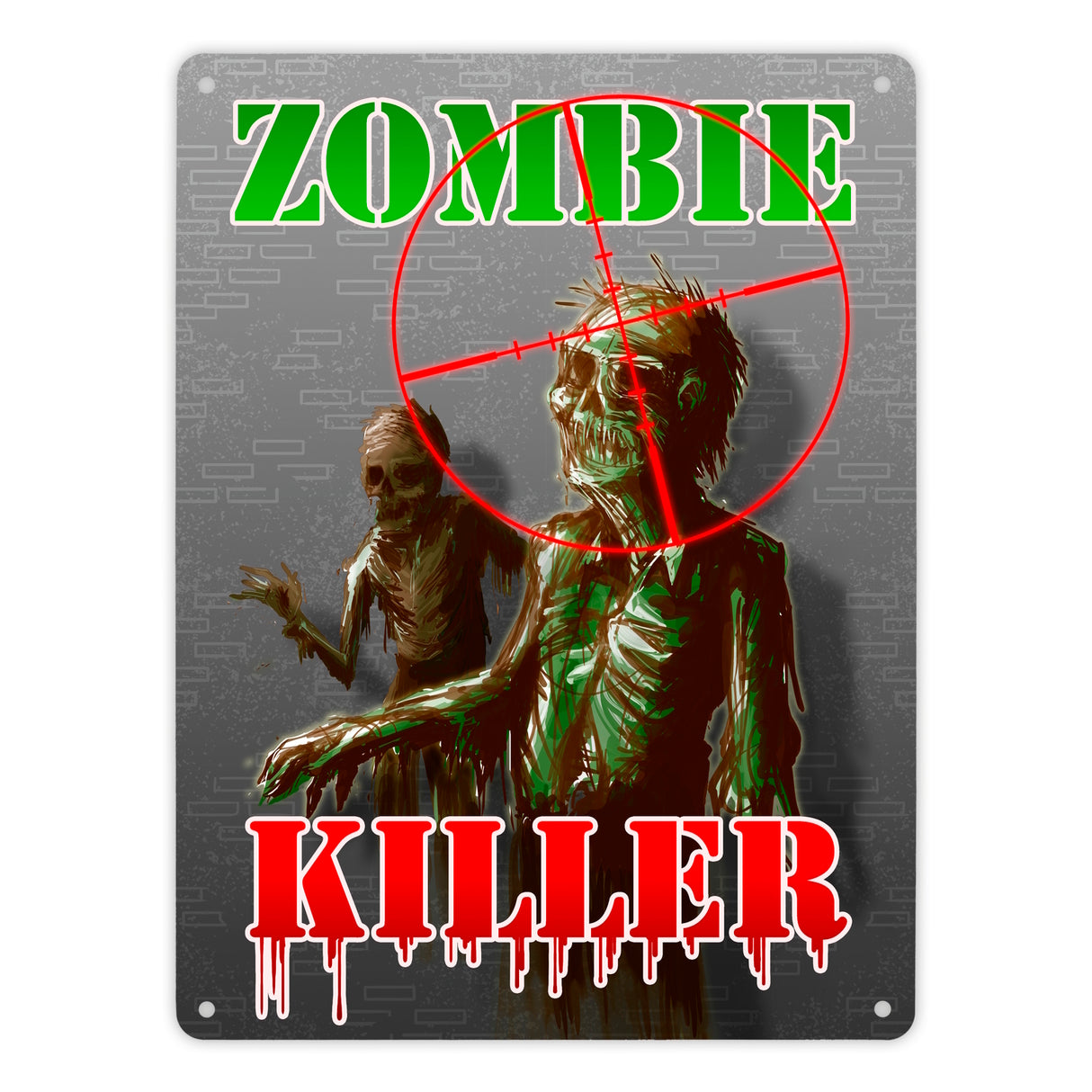 Metallschild Zombie Killer mit Fadekreuz und zwei Zombies im Comic-Design
