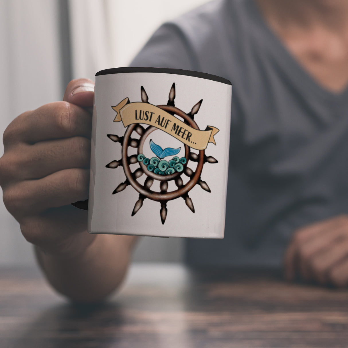 Kaffeebecher Lust auf Meer mit maritimen Motiv Flosse Steuerrad Meer Wellen