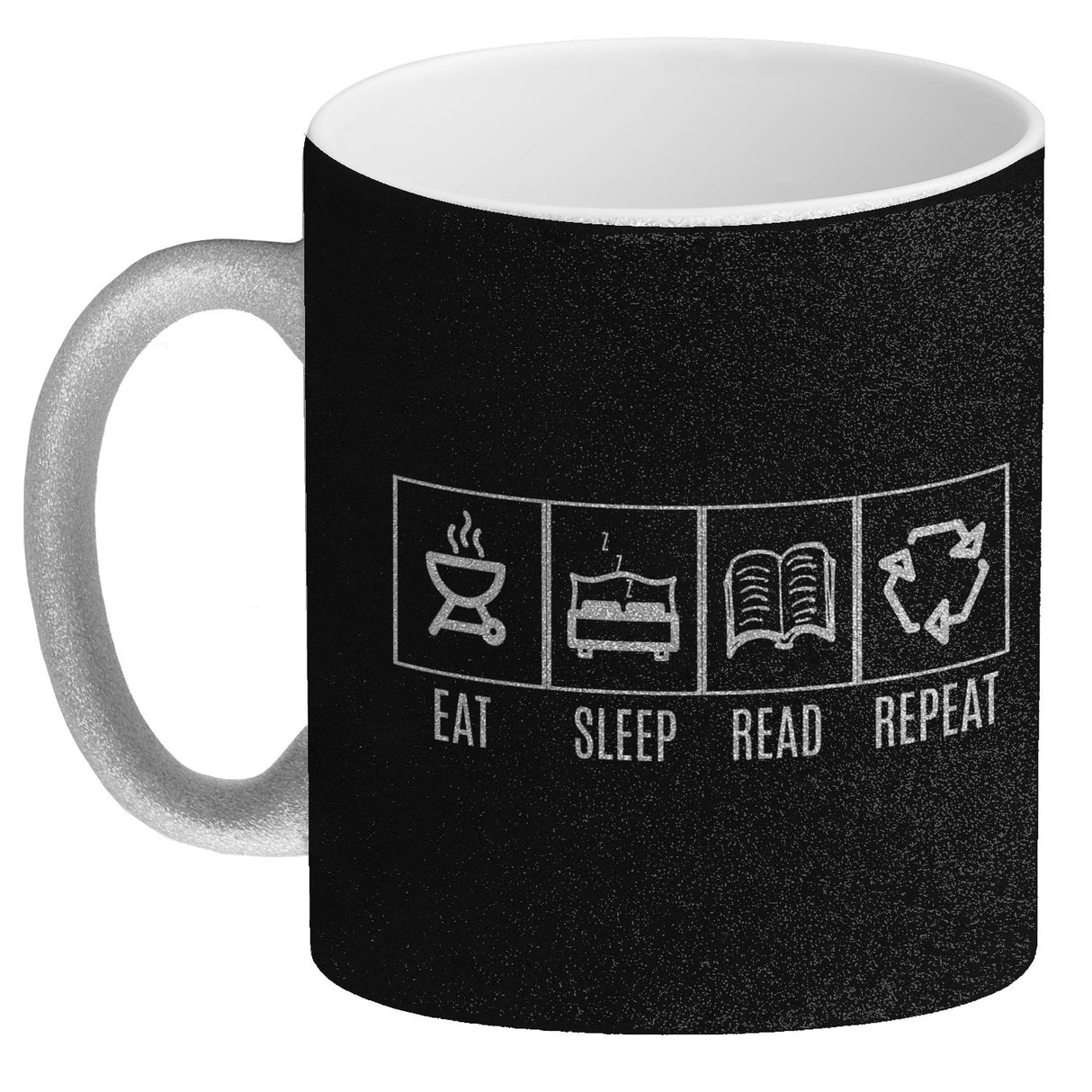 EAT, SLEEP, GAME, REPEAT Kaffeebecher mit blauem Hintergrund