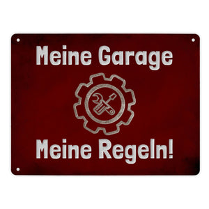 Meine Garage Meine Regeln! Metallschild in 15x20 cm mit Auto und rotem Hintergrund