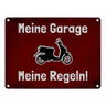 Meine Garage Meine Regeln! Metallschild in 15x20 cm mit Auto und rotem Hintergrund