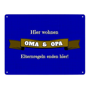 Metallschild in 15x20 cm Hier wohnen Oma & Opa mit Stoffoptik und Banner