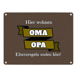 Metallschild in 15x20 cm Hier wohnen Oma & Opa mit Stoffoptik und Banner