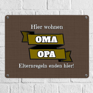 Metallschild in 15x20 cm Hier wohnen Oma & Opa mit Stoffoptik und Banner