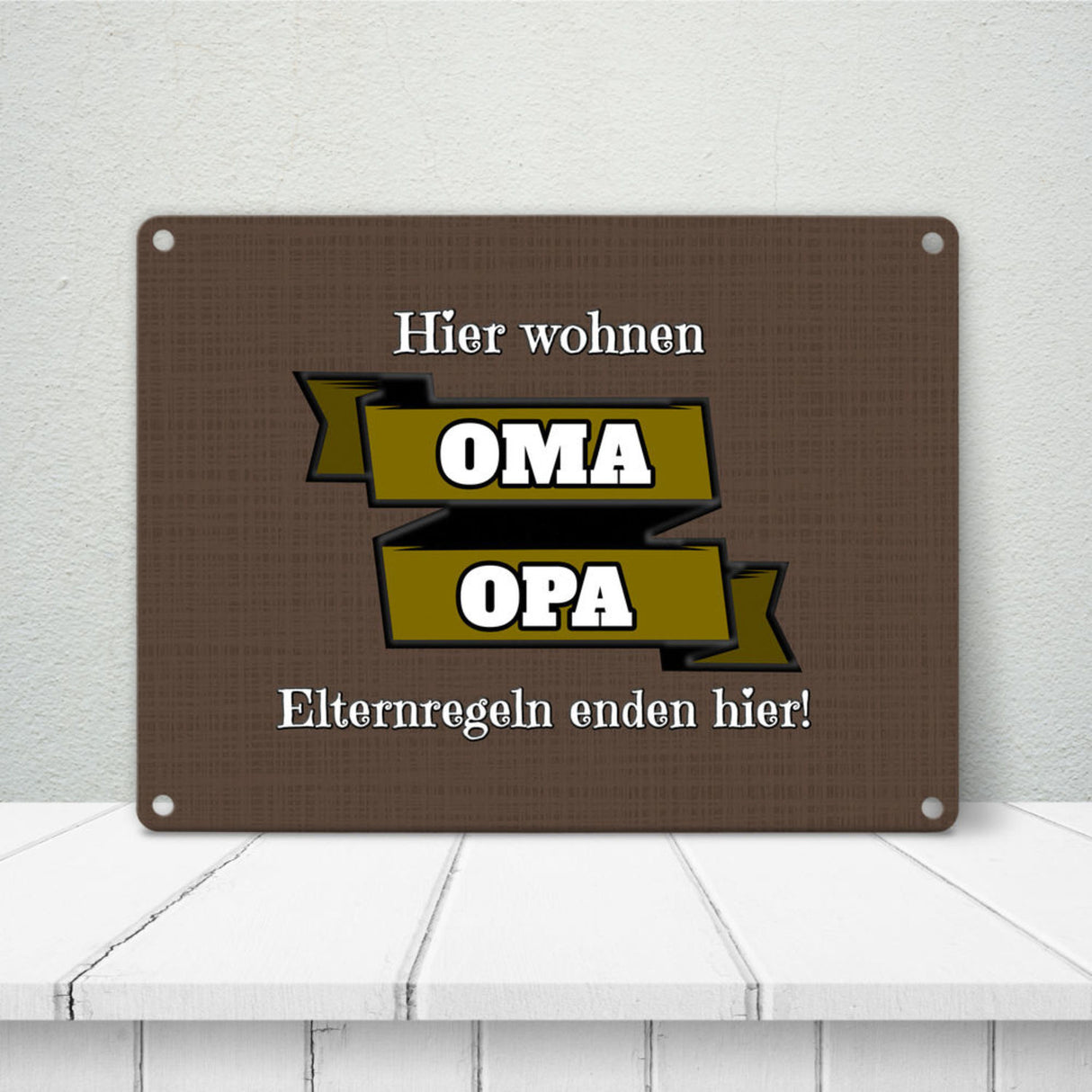 Metallschild in 15x20 cm Hier wohnen Oma & Opa mit Stoffoptik und Banner