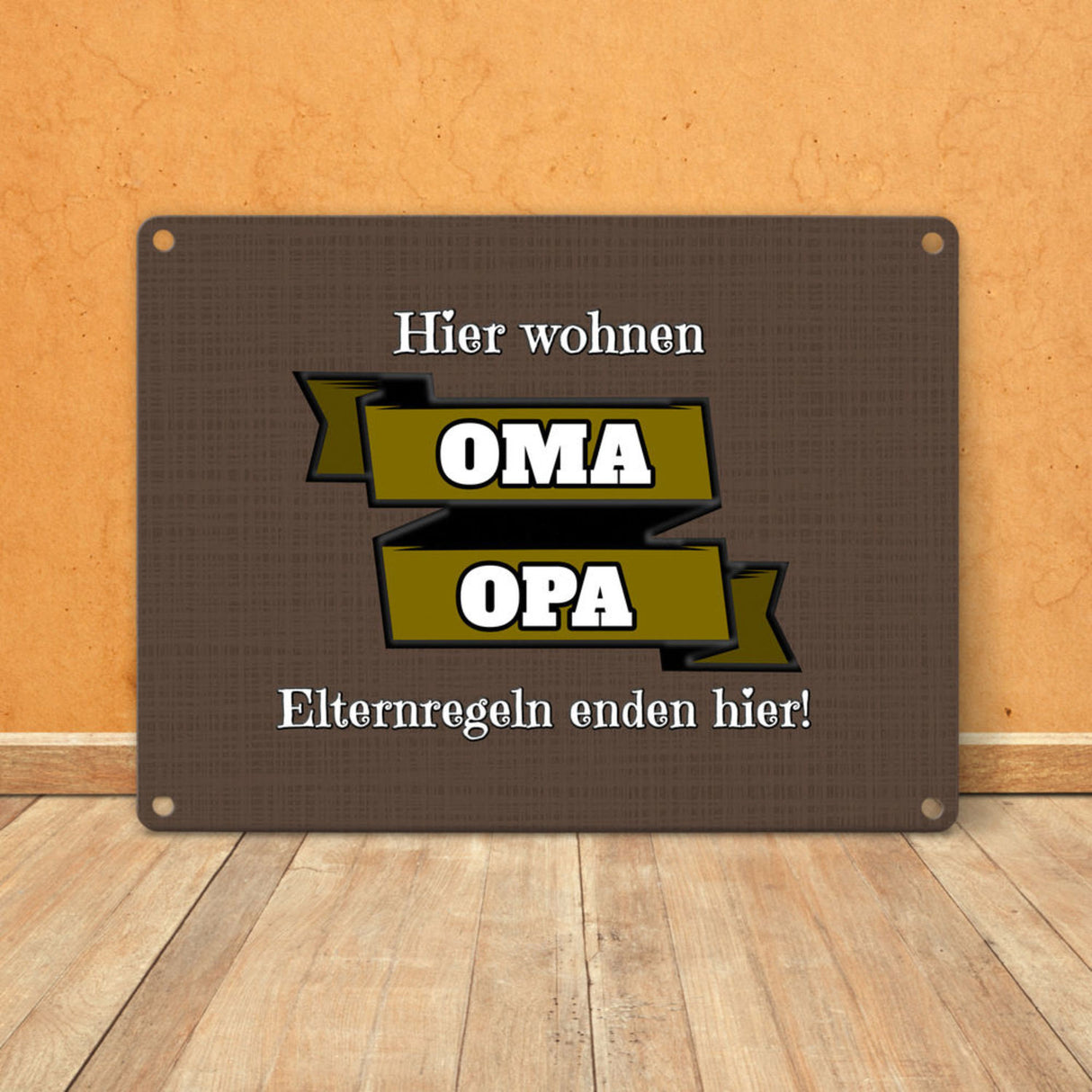 Metallschild in 15x20 cm Hier wohnen Oma & Opa mit Stoffoptik und Banner