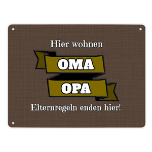 Metallschild in 15x20 cm Hier wohnen Oma & Opa mit Stoffoptik und Banner