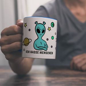 Kaffeebecher mit lustigem Comic Alien Motiv - Ich hasse Menschen