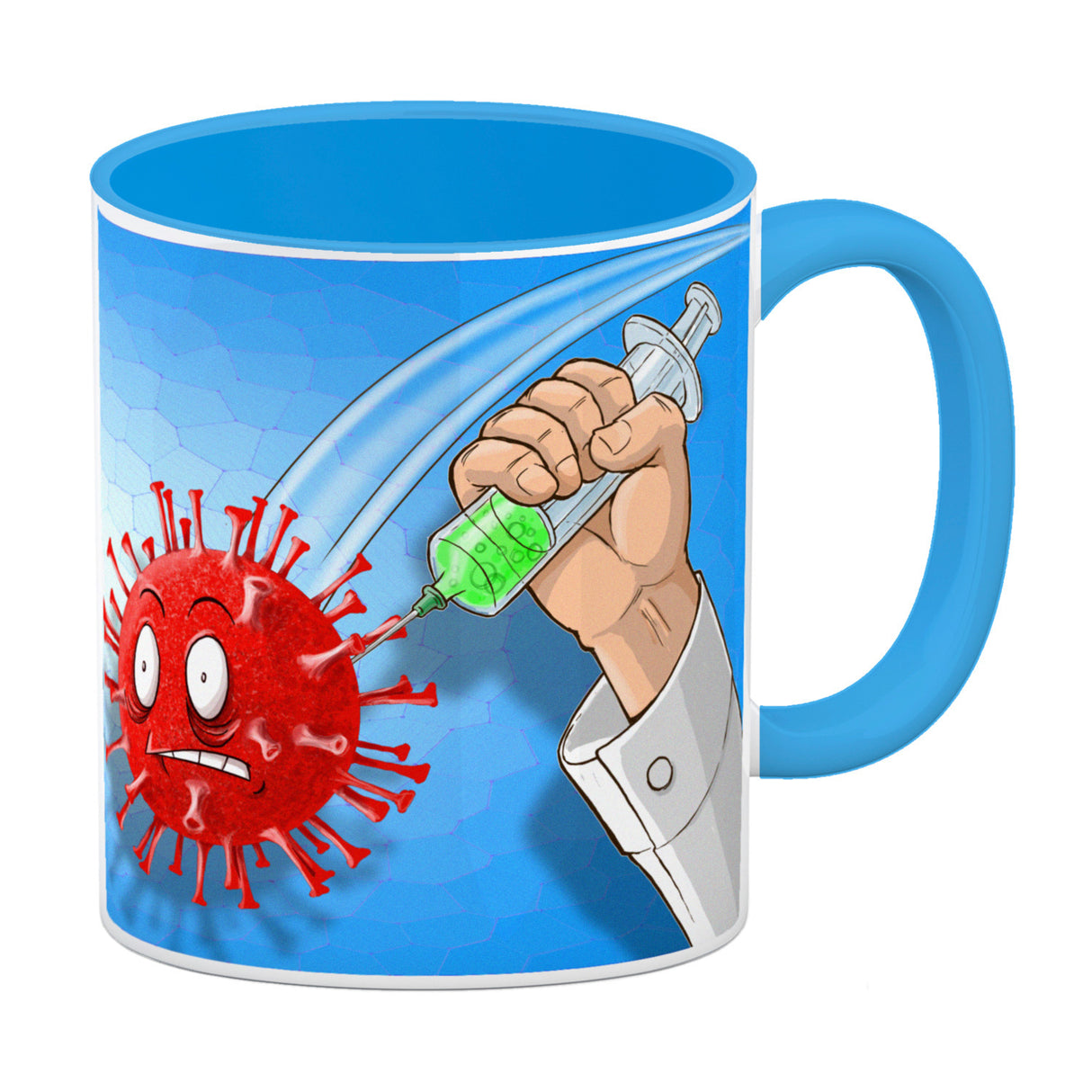 Kaffeebecher mit Virus und Spritzen Motiv - Geimpft! Lustiger Impfhumor