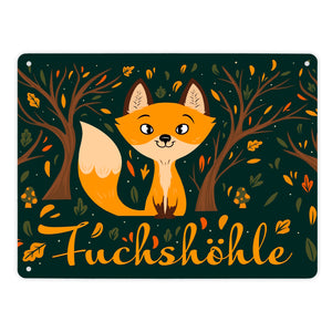 Metallschild mit niedlichem Fuchs im Wald und Herbst Motiven - Fuchshöhle