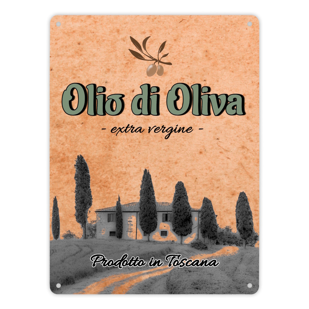 Metallschild in 15x20 cm mit mediterranem Olivenölmotiv Olio di Oliva für die Küche
