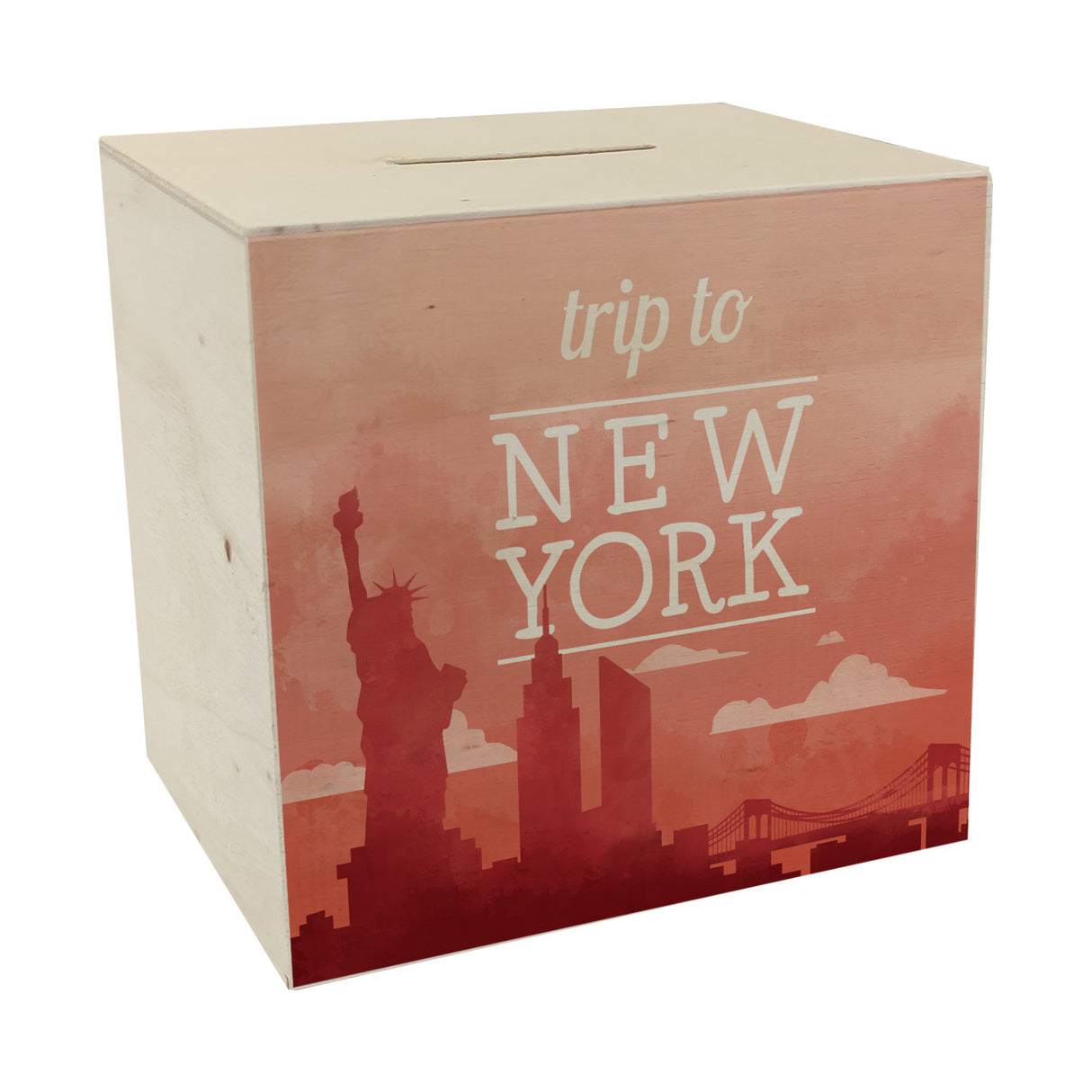 Spardose mit schönem Motiv und Text - Trip to New York in rot