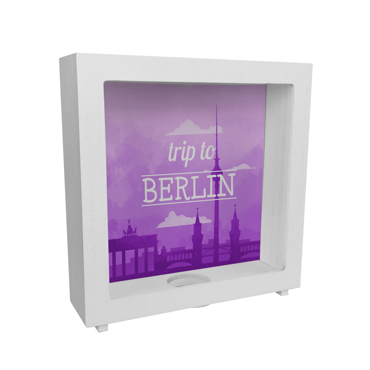 Spardose mit schönem Motiv und Text - Trip to Berlin in lila