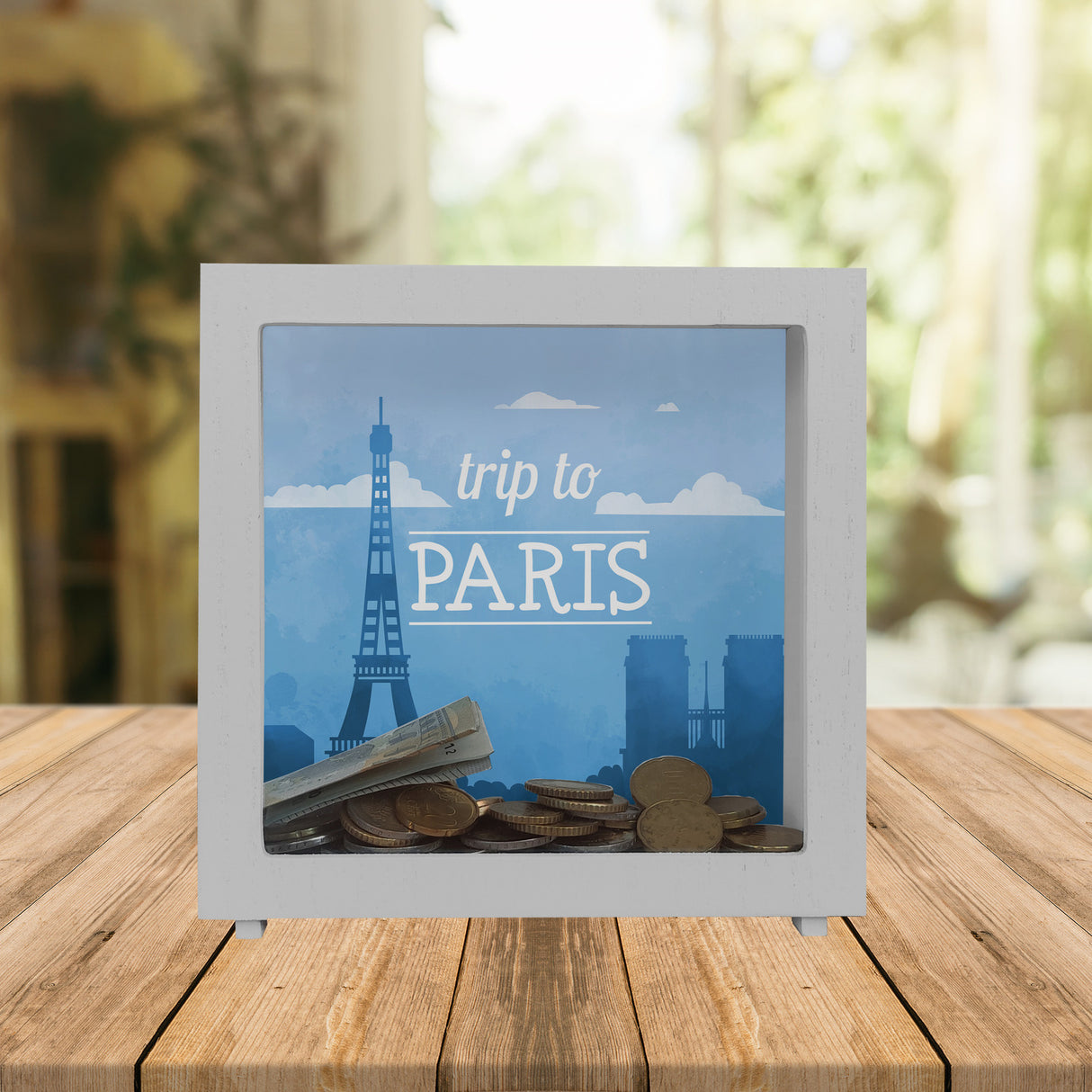 Spardose mit schönem Motiv und Text - Trip to Paris