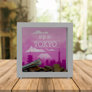 Spardose mit schönem Motiv und Text - Trip to Tokyo in pink