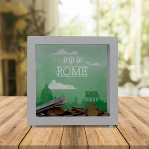 Spardose mit schönem Motiv und Text - Trip to Rom