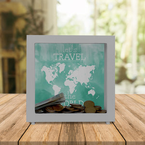 Spardose mit Weltkarten Motiv und Text - let's travel the world in Türkis