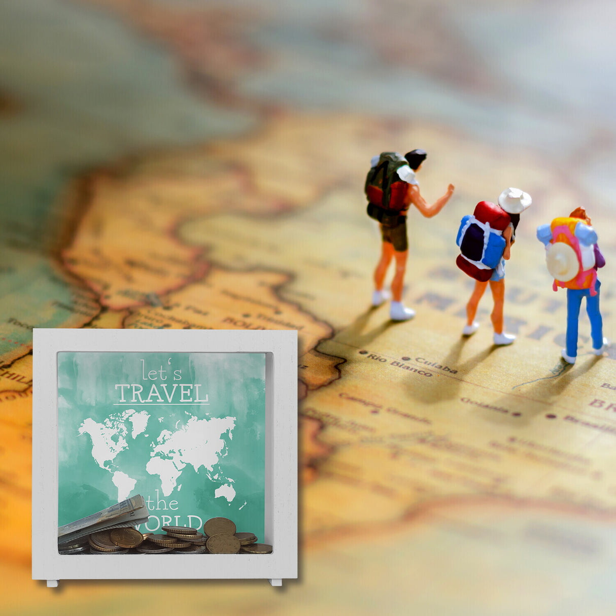 Spardose mit Weltkarten Motiv und Text - let's travel the world in Türkis