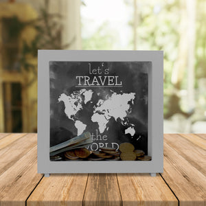 Spardose mit Weltkarten Motiv und Text - let's travel the world