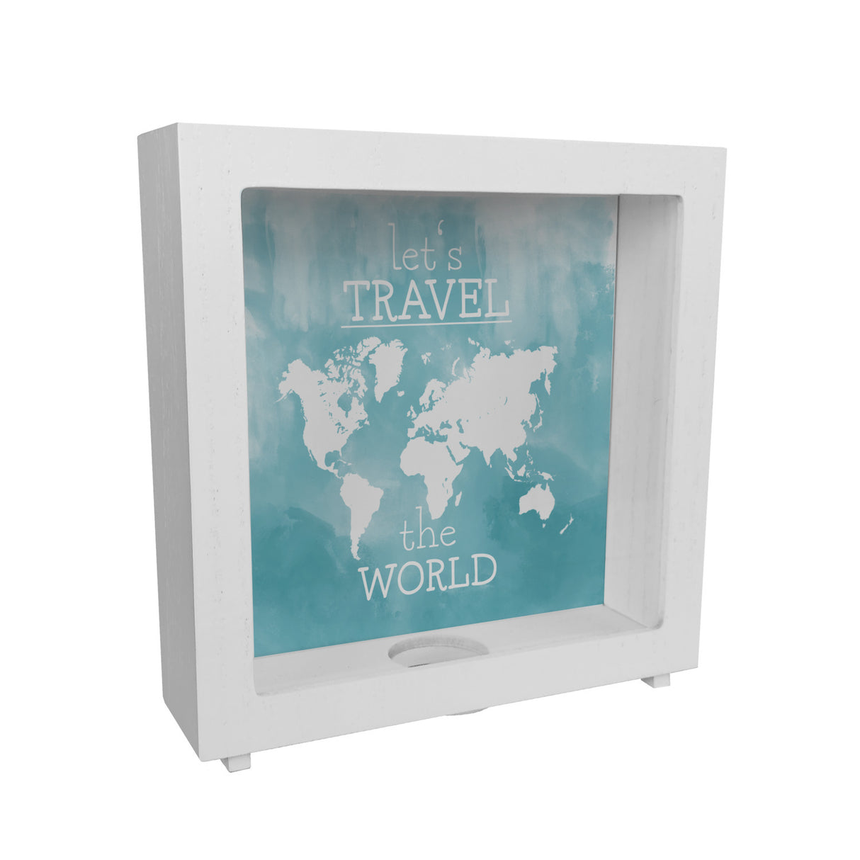 Spardose mit Weltkarten Motiv und Text - let's travel the world