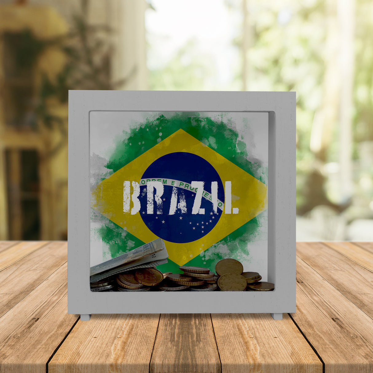 Spardose mit Brasilien-Flagge im Used Look - Sparschwein für Urlauber