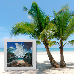 Spardose aus Keramik mit sommerlichem Strandmotiv und Palmen - Urlaubskasse