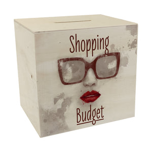 Spardose aus Keramik mit coolem Sonnenbrillenmotiv und Spruch - Shopping Budget