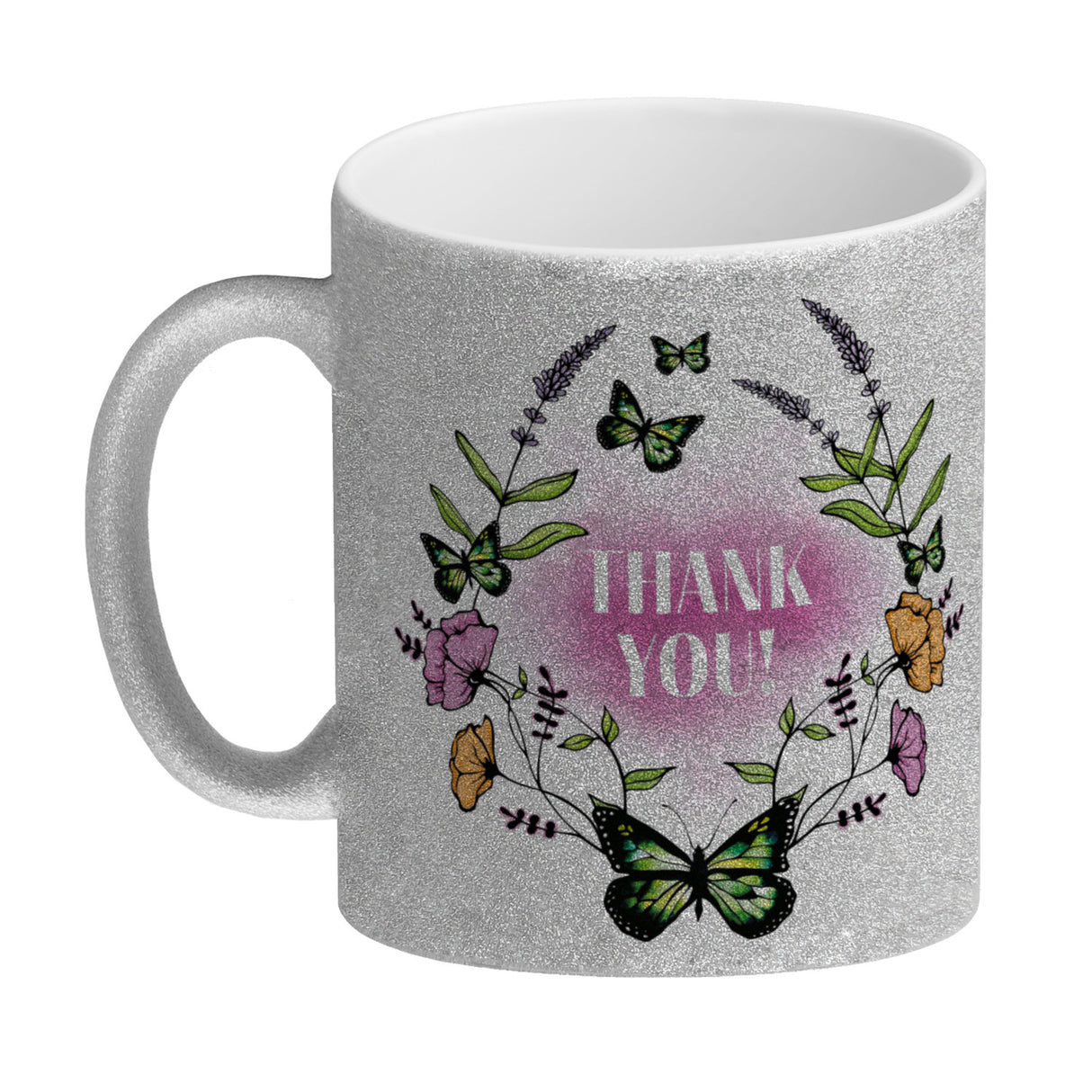 Kaffeebecher mit motivierenden Worten und Blumenrahmen mit Schmetterlingen