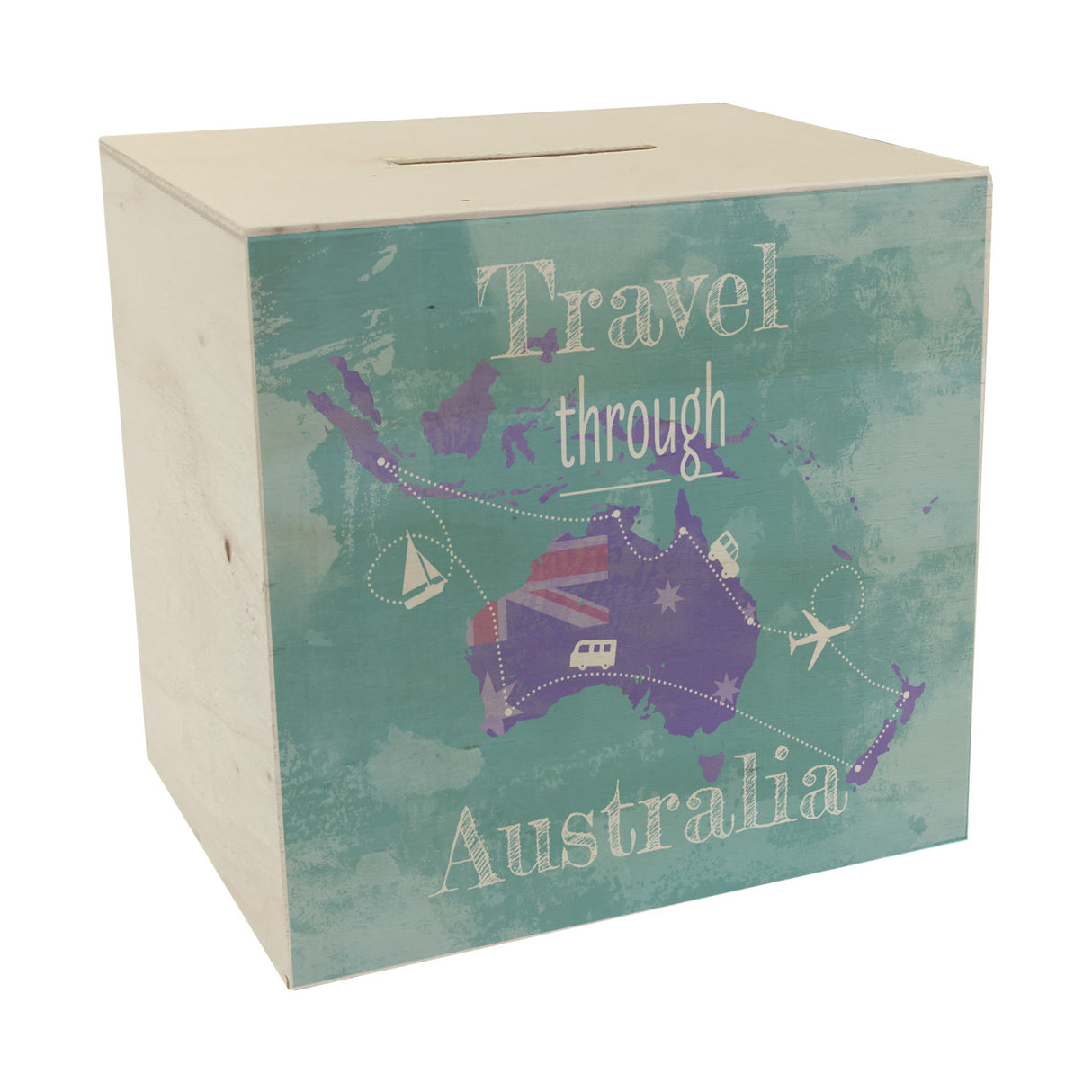 Spardose mit Australien Karte und Spruch - travel through Australien