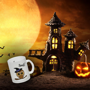 Kaffeebecher für Halloween mit niedlichem Eulenmotiv und Spruch - BOOH!