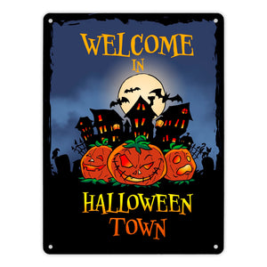 Metallschild mit gruseligem Motiv und Spruch - Welcome in Halloween Town -