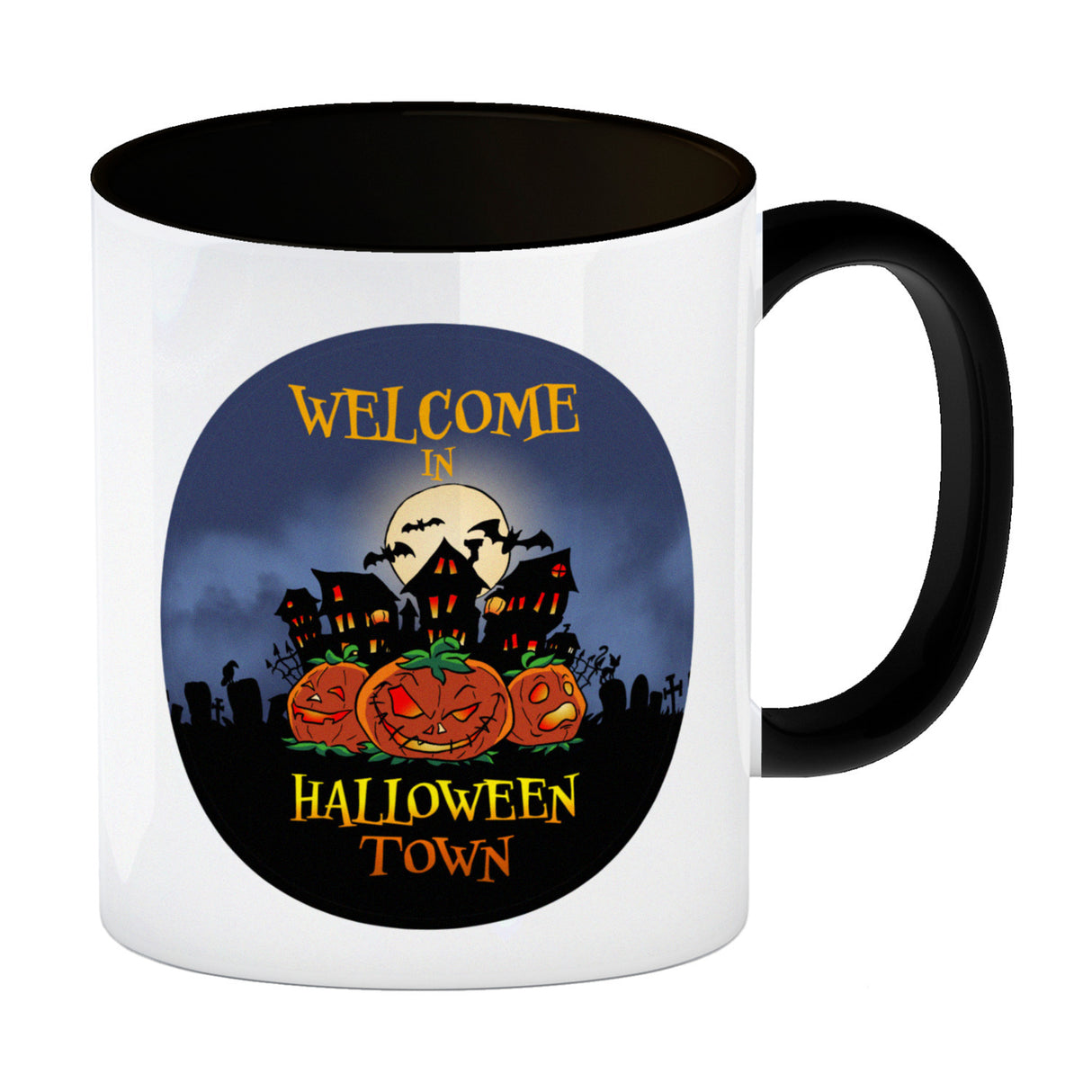 Kaffeebecher mit gruseligem Motiv und Spruch - Welcome in Halloween Town -
