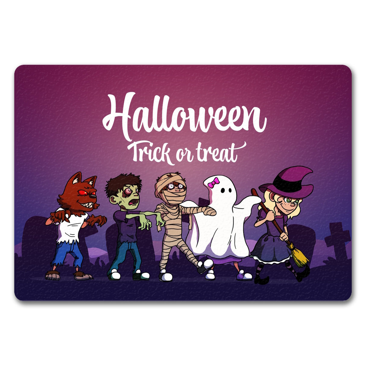 Fußmatte mit Halloween-Motiv, Spruch und kleinen Monstern