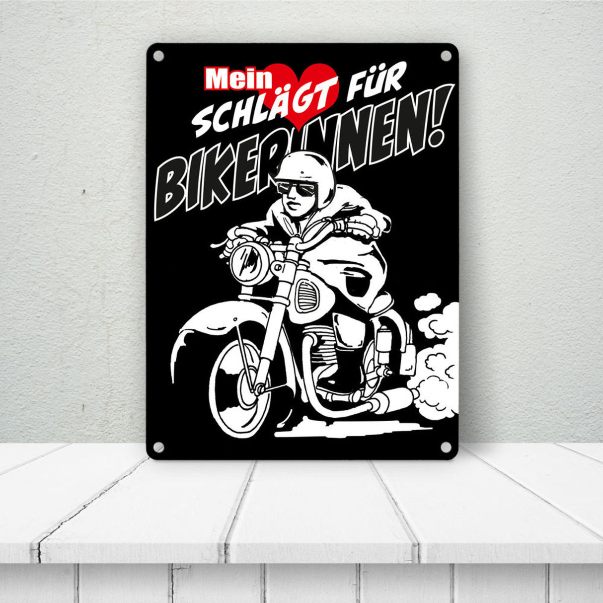 Metallschild mit Motorrad Mein Herz schlägt für Bikerinnen
