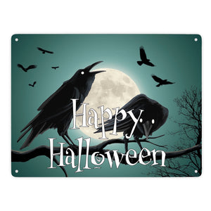 Metallschild mit gruseligem Raben Motiv und Schriftzug - Happy Halloween