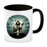 Kaffeetasse mit gruseligem Geisterhaus Motiv und Spruch - Happy Halloween