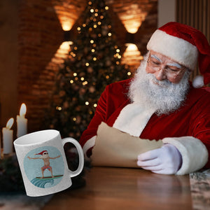 Happy Holidays witziger Kaffeebecher mit Weihnachtsmann auf Surfbrett