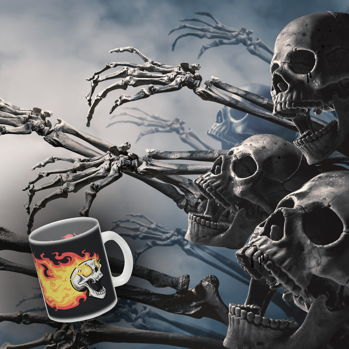 Rock n' Roll Kaffeebecher mit Flammen und Totenkopf