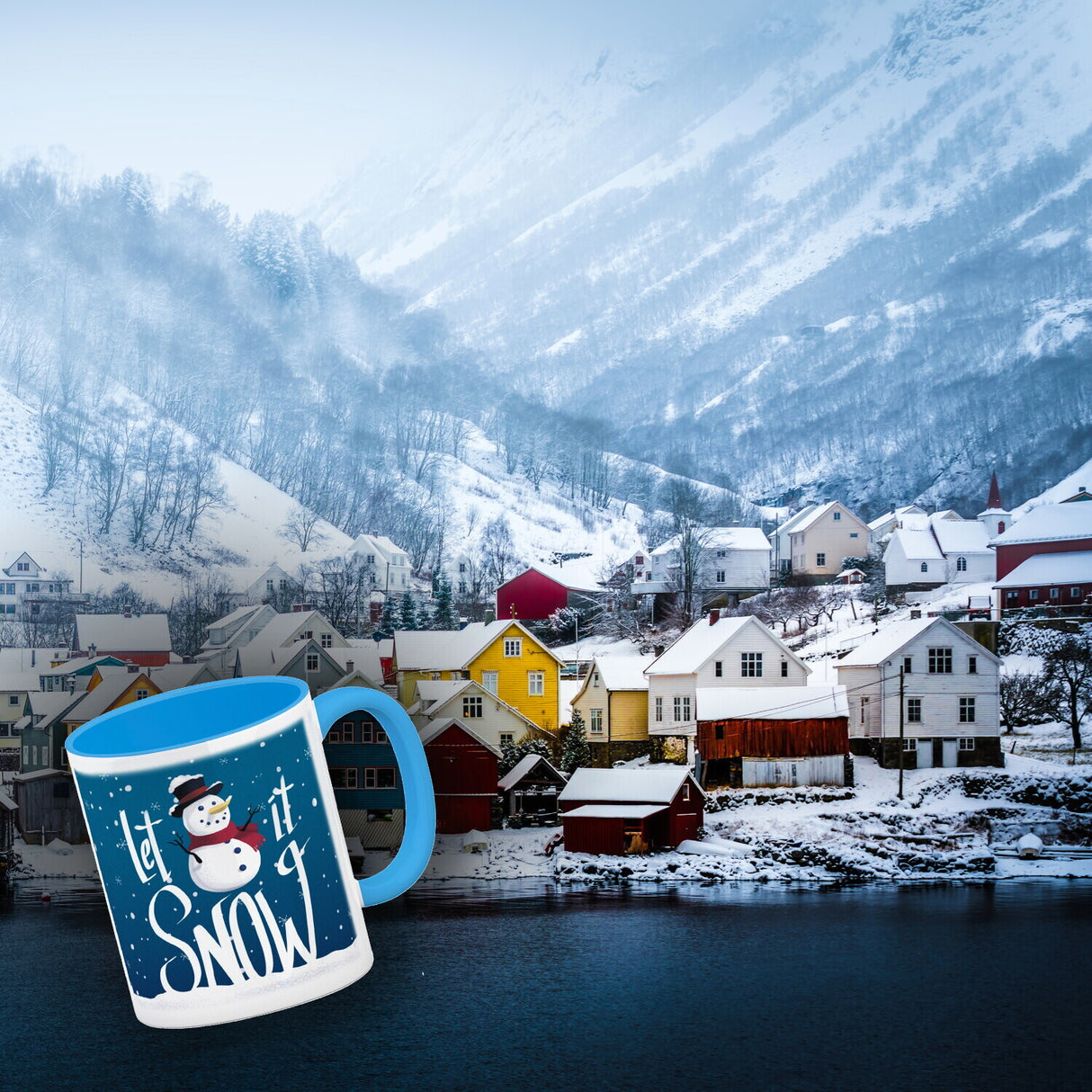 Let it Snow Kaffeebecher mit süßem Schneemann und Schneeflocken