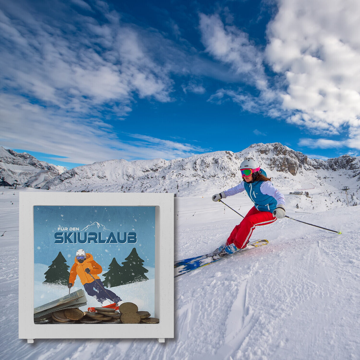 Für den Skiurlaub Spardose mit coolem Skifahrer